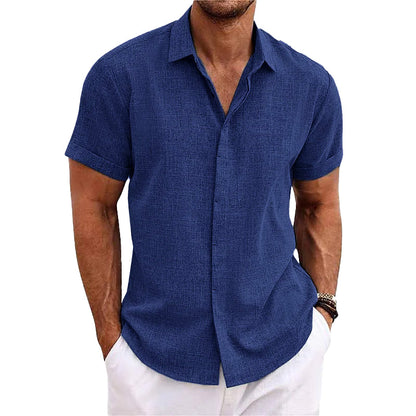 Men's Solid Color Lapel Cotton Linen Short Sleeve Shirt