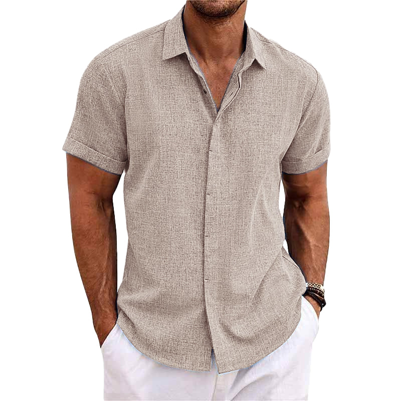 Men's Solid Color Lapel Cotton Linen Short Sleeve Shirt