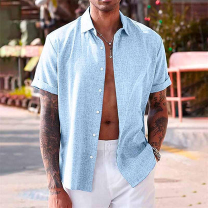 Men's Solid Color Lapel Cotton Linen Short Sleeve Shirt